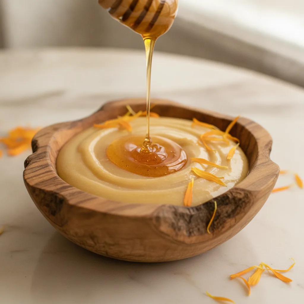 Golden honey face mask in a wooden bowl