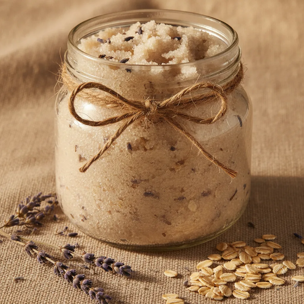 Oat and lavender scrub in a glass jar