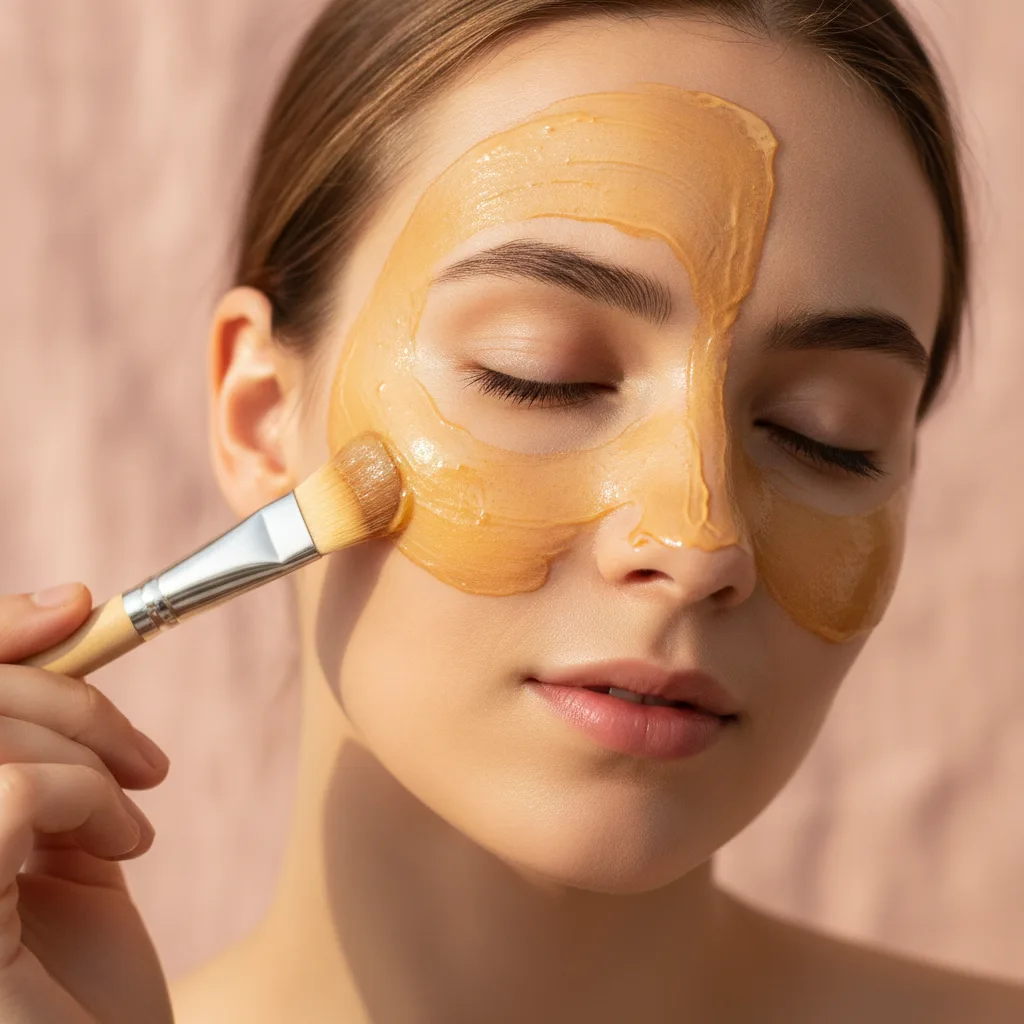 Woman applying homemade face mask, glowing skin