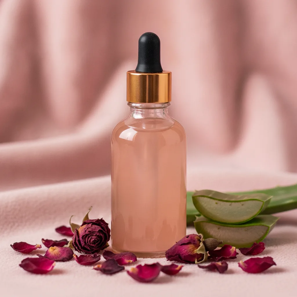 Rosewater and aloe serum in an amber bottle