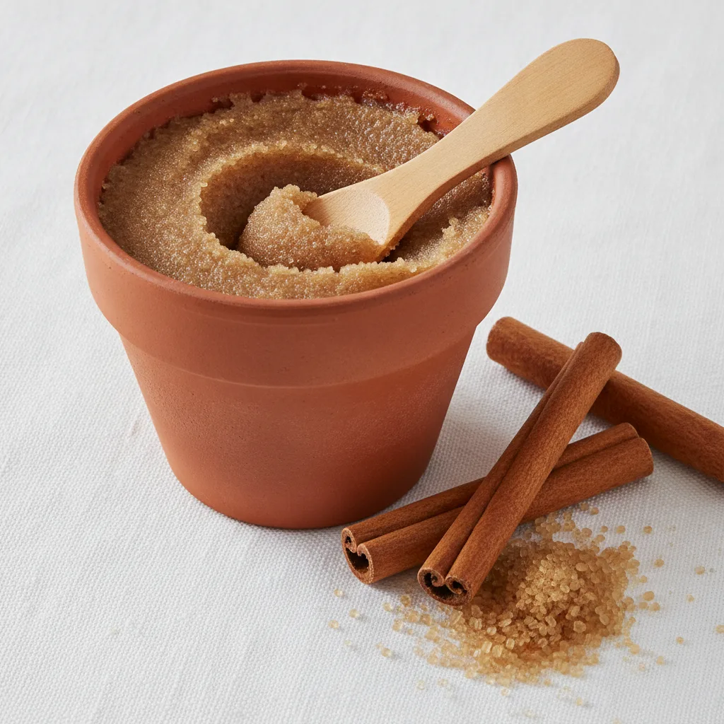 Cinnamon sugar lip scrub in a ceramic pot