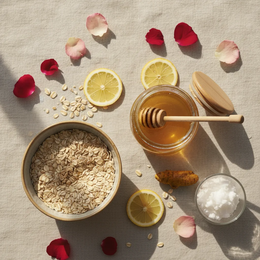 Flat lay of fresh ingredients: honey, oats, lemon, rose petals